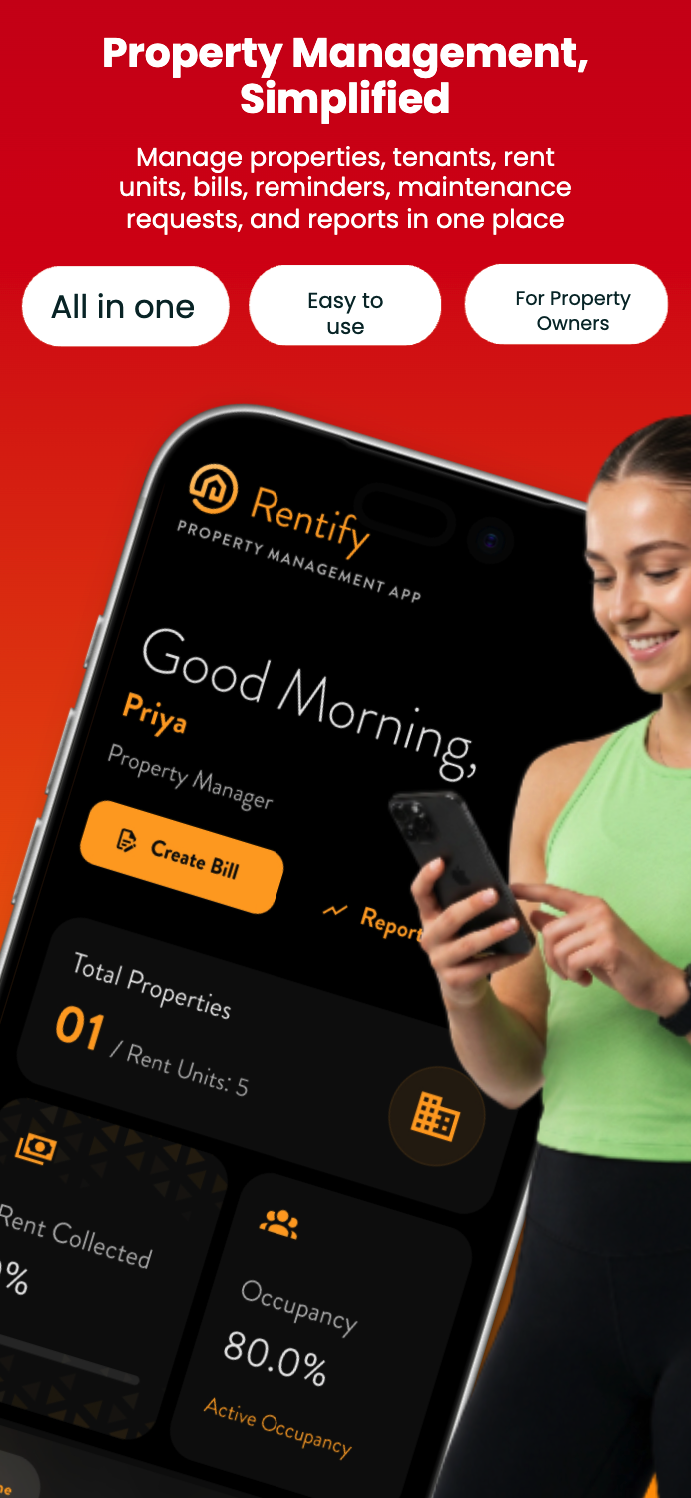 Rentify app dashboard showing property management overview