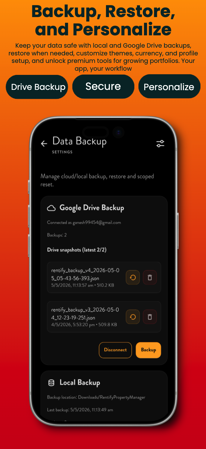 Rentify backup screen